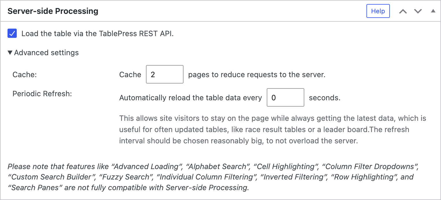 Screenshot of the "Server-side Processing" configuration section in the TablePress Premium versions.