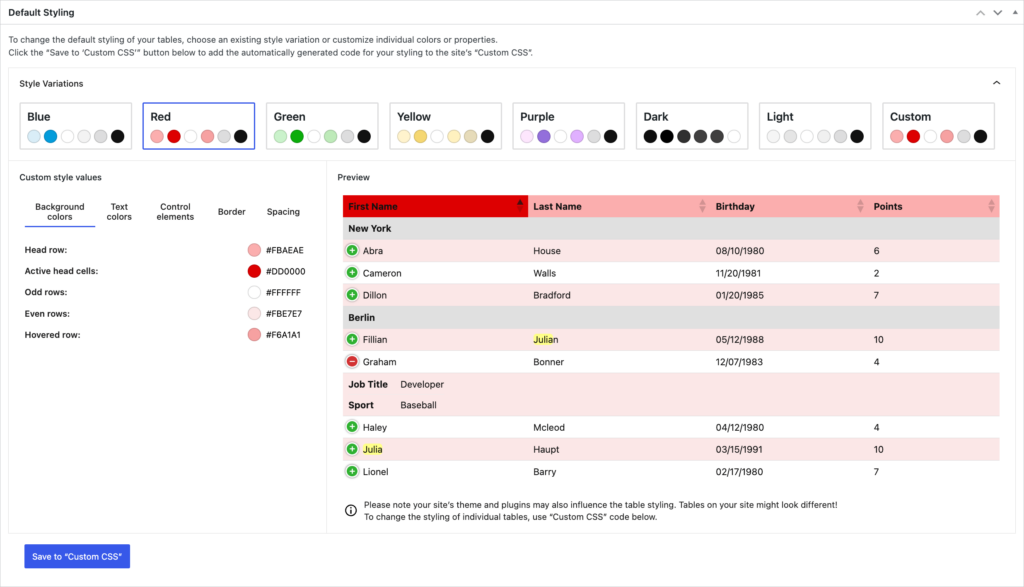 Screenshot of the "Default Style Customizer" feature module in TablePress.