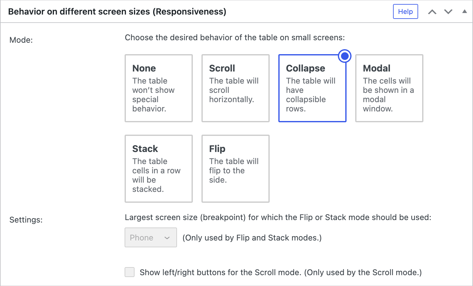 Screenshot of the "Responsive Tables" configuration section in the TablePress Premium versions.