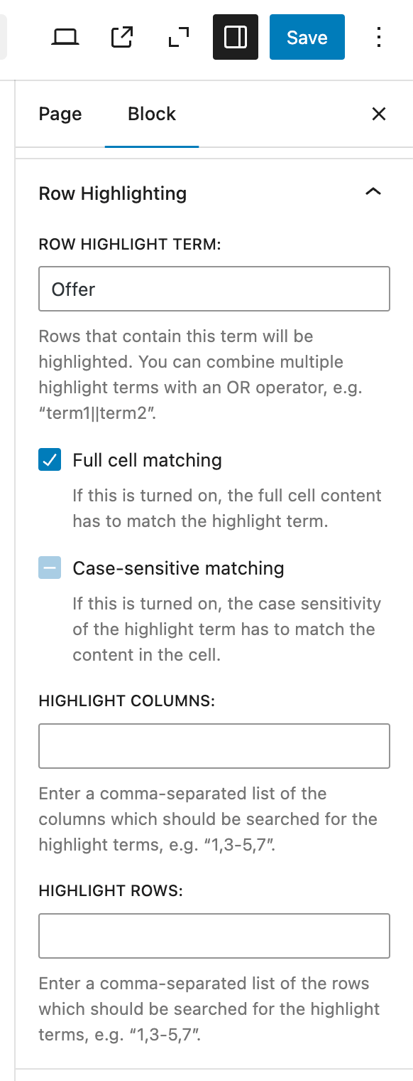 The available settings for the Row Highlighting module in the "Settings" sidebar of the "TablePress table" block.