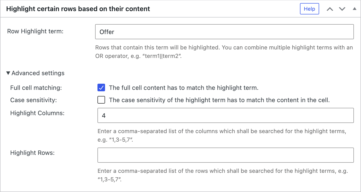 Screenshot of the "Row Highlighting" configuration section in the TablePress Premium versions.