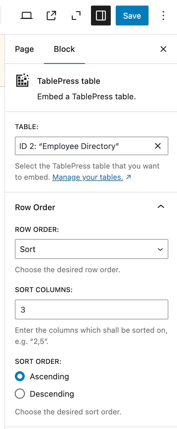 The available settings for the Column Order module in the "Settings" sidebar of the "TablePress table" block.