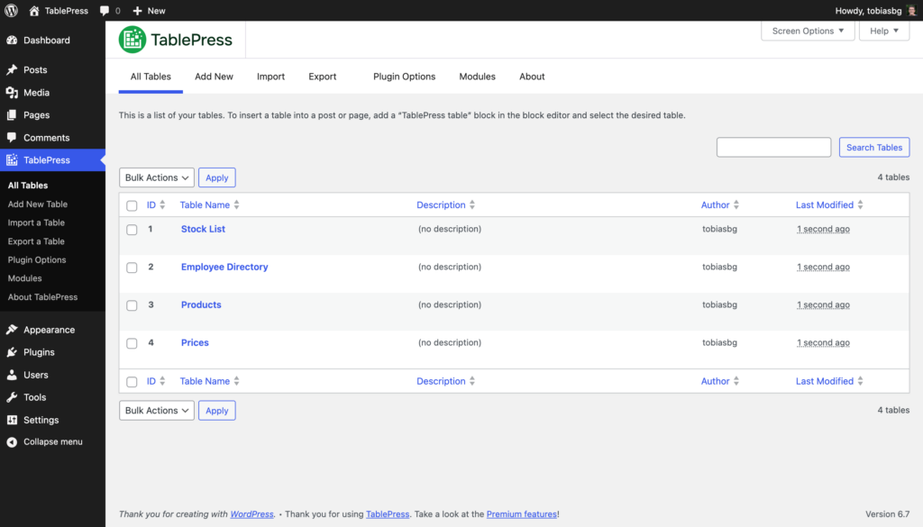 Screenshot of the TablePress "List of Tables" screen