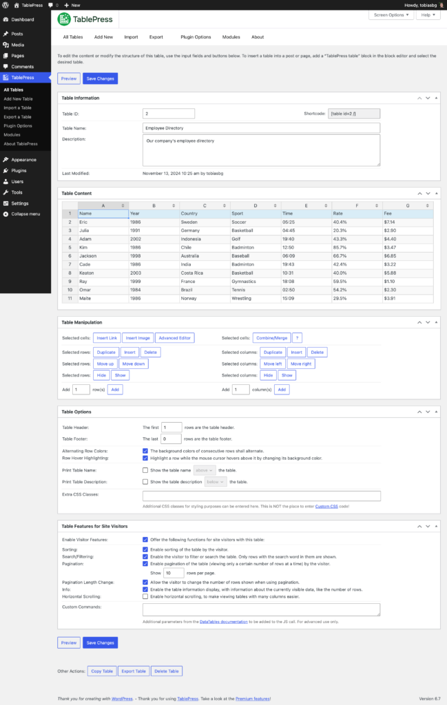 Screenshot of the TablePress "Edit" screen