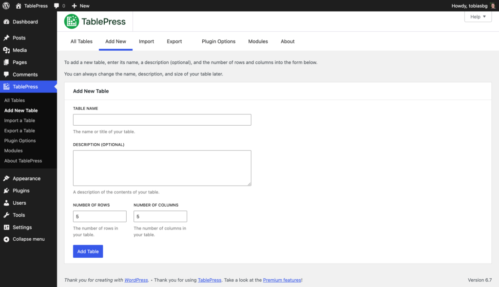 Screenshot of the TablePress "Add new Table" screen