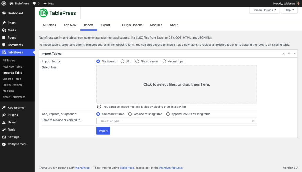 Screenshot of the TablePress "Import" screen