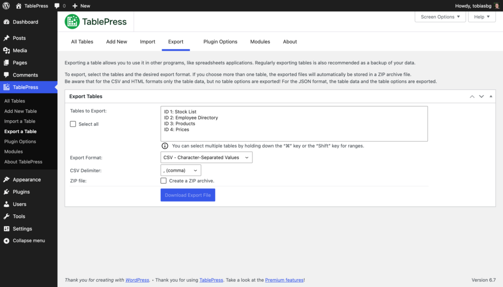 Screenshot of the TablePress "Export" screen