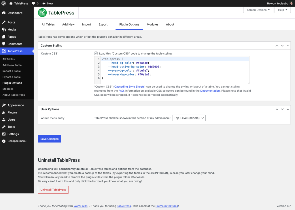 Screenshot of the TablePress "Plugin Options" screen