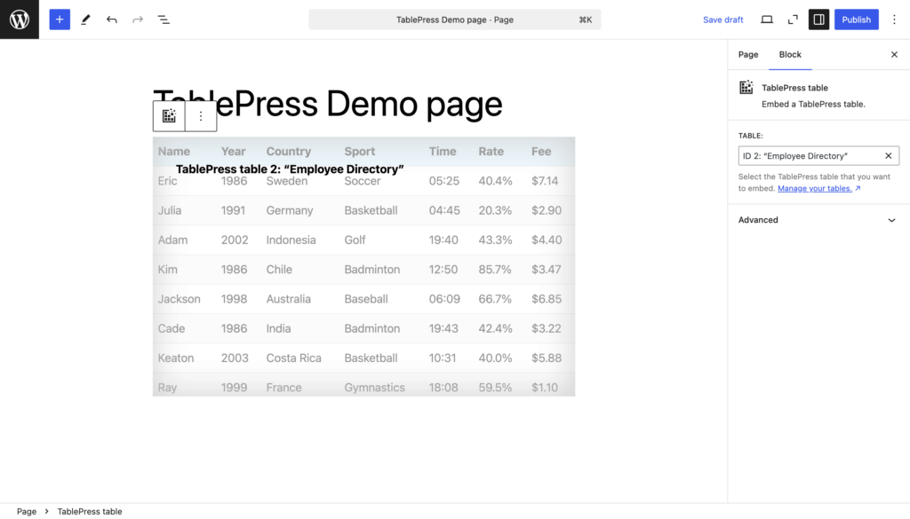 Screenshot of the "TablePress table" block in the WordPress block editor